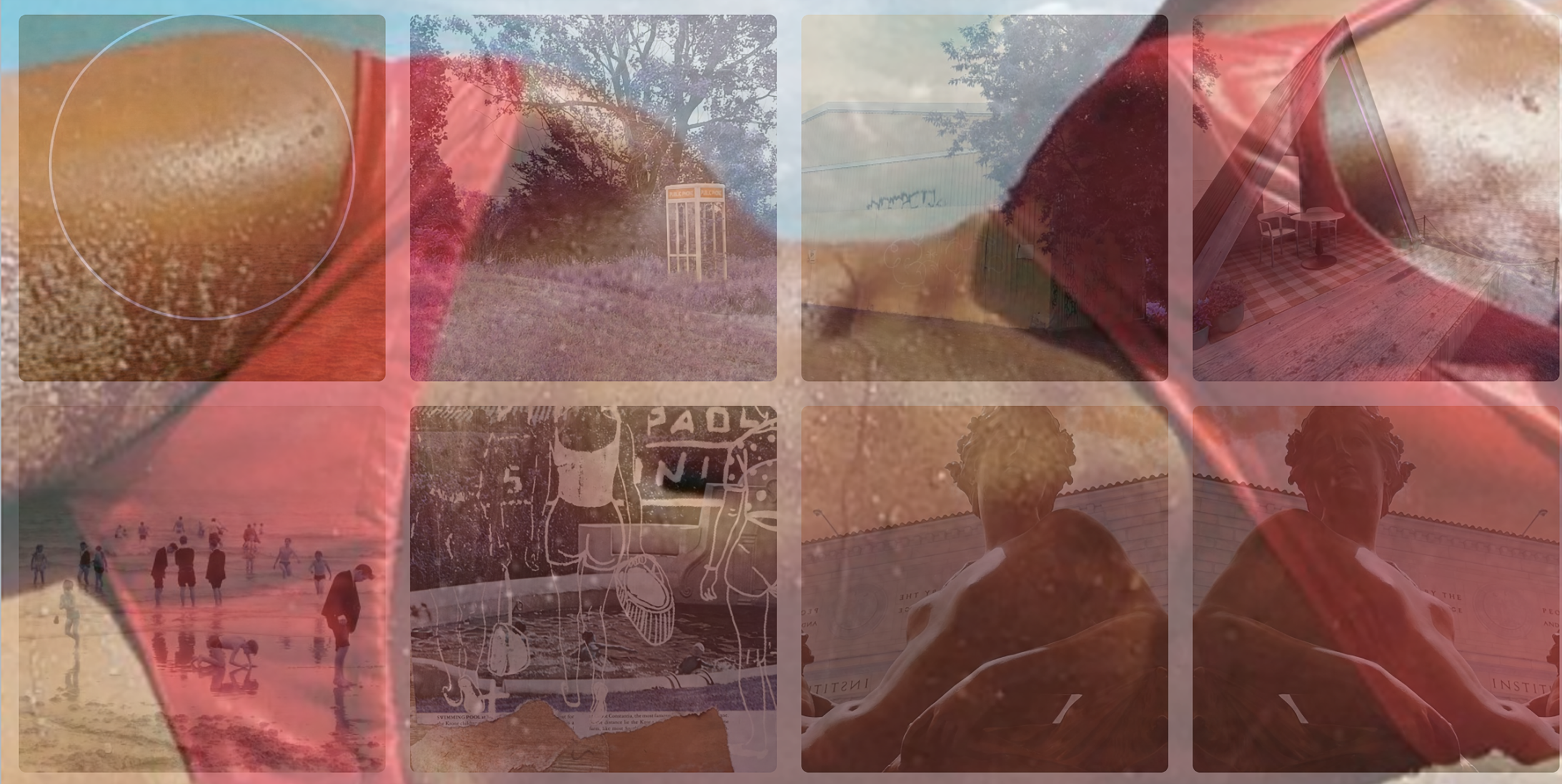 A collage of images including a beach with people and umbrellas, a dog grooming illustration, trees, and two statues, with semi-transparent red overlays.