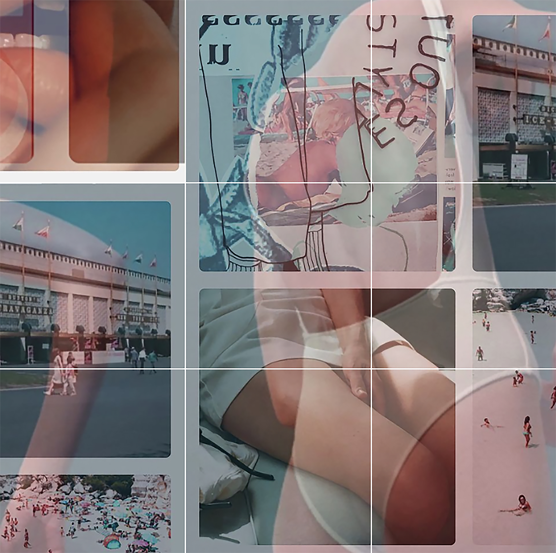 A collage of various scenes including a person sitting with crossed arms, a beach with people and umbrellas, a building with flags, and a crowded area with many people, some with large signs or banners.