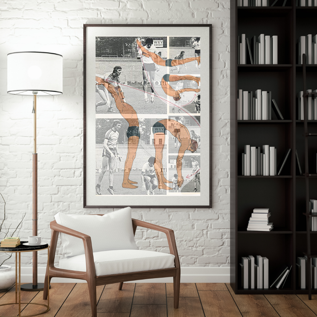 Decorative poster of a gymnast performing various vaulting maneuvers, superimposed on black-and-white photos of athletic events, hanging on a white brick wall in a modern living room.