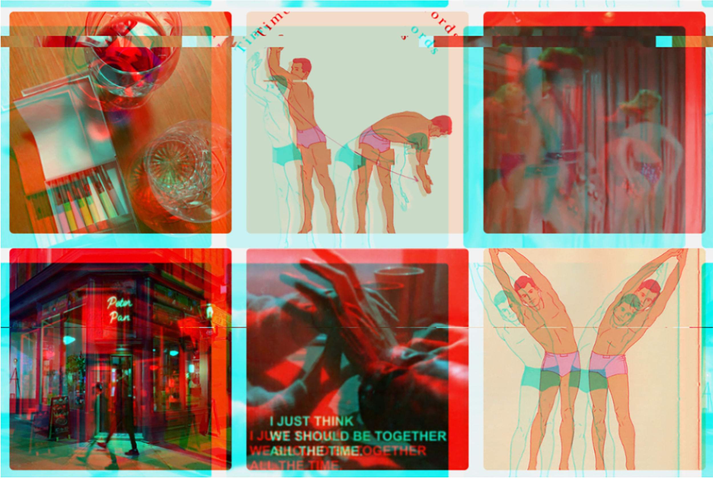 A colorful collage with various images, including a glass of red drink, a person walking in a city sidewalk, an artistic illustration of a person holding a child, and some abstract art and text.