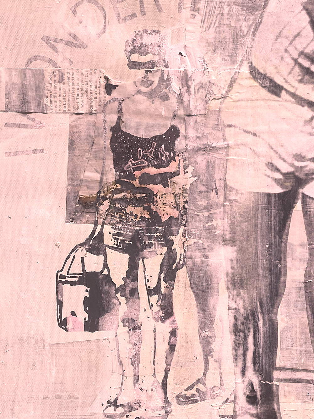 A collage-style artwork featuring a woman in a black dress with white details, holding a bag, and standing next to a man wearing shorts and a shirt, with various torn and layered paper elements around them.