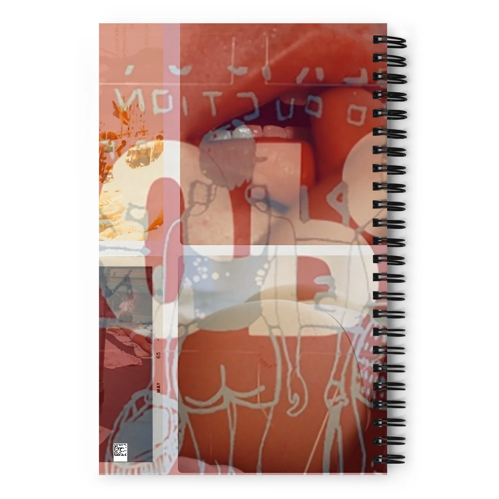 A spiral notebook with abstract, layered images and text, featuring a red and white color scheme with floral and natural elements.