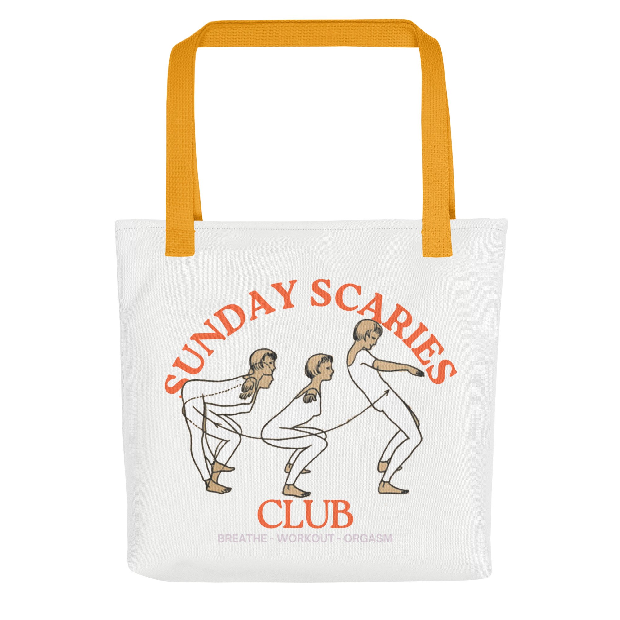 White tote bag with orange straps and a graphic design showing multiple women in crouched positions linked together to form a circle with the words 'TUESDAY'S CLUB' in orange and additional text 'BREATHE - WORKOUT - ORGASM' at the bottom.