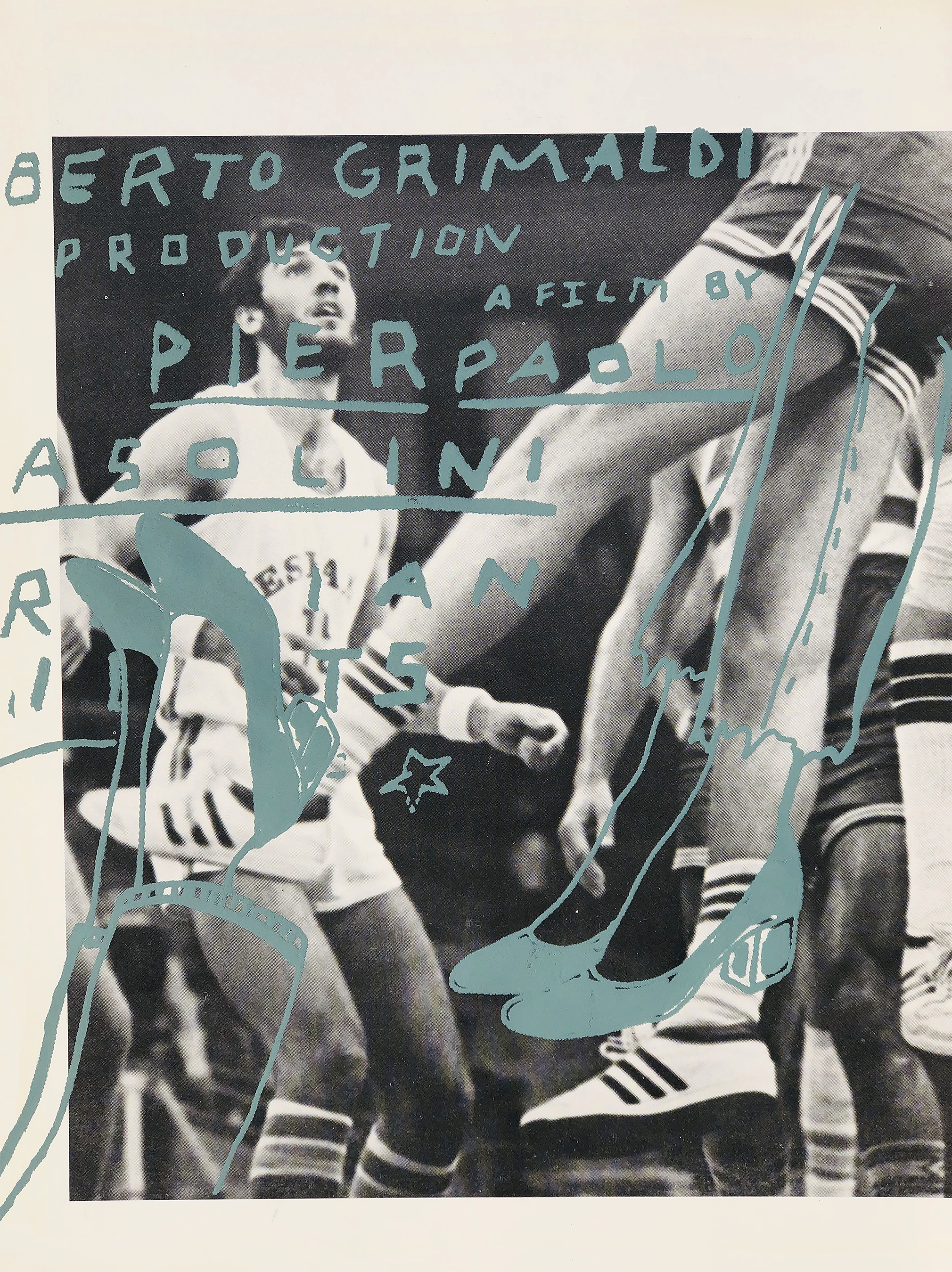 Black and white photograph of multiple soccer players on the field. One player is looking upwards, wearing a jersey with the number 8. The photograph is overlaid with abstract, hand-drawn teal lines and text, including names and words like "Geraldo G