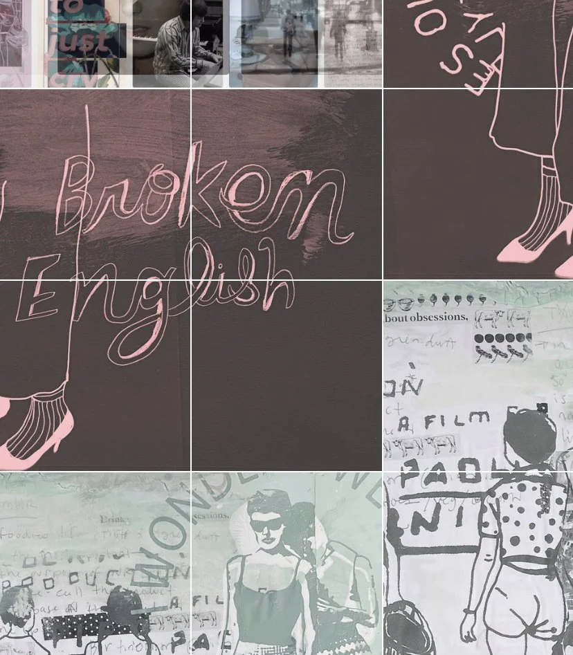 A collage of images, including pink neon sign reading 'Broken English,' drawings of women in stylish outfits, and fashion-related sketches and notes.