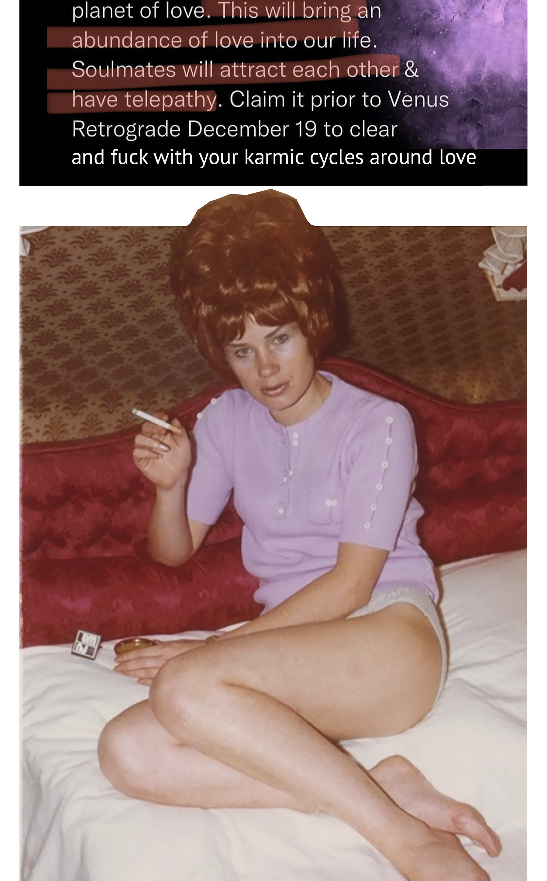 A woman with short red hair sitting on a bed with crossed legs, holding a cigarette in her right hand, and looking at the camera. She is wearing a lavender top and white shorts. The bed has white sheets, and there is a patterned curtain or headboard 