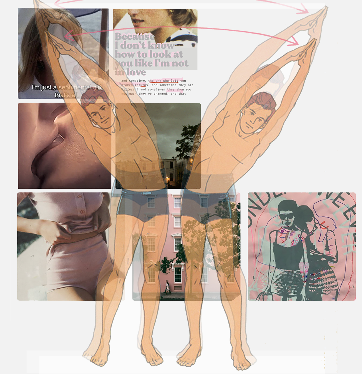 A collage featuring a central illustration of a man with arms stretched upward, overlaid with various photos including close-ups of people's faces, a person in a pink outfit, a neon sign of women with sunglasses, and background images of buildings an