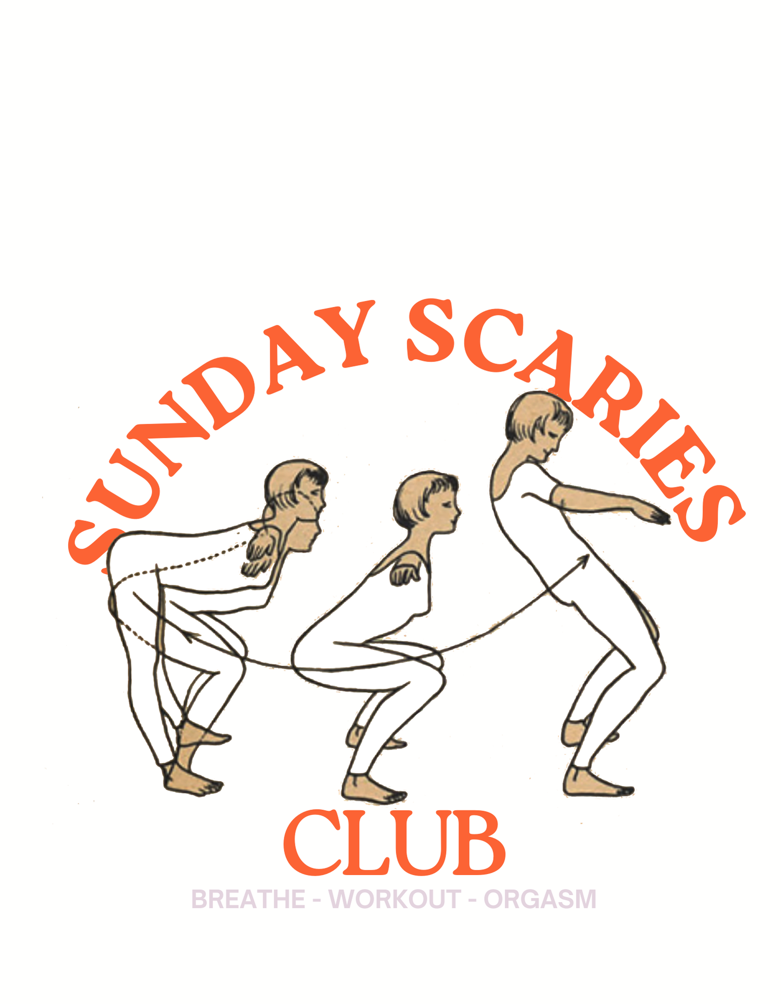 Illustration of five women in a yoga pose, connected in a circle, with text around them reading "SUNDAY SKARITEER CLUB" in orange and purple, and additional text "BREATHE - WORKOUT - ORGASM" in light purple at the bottom.