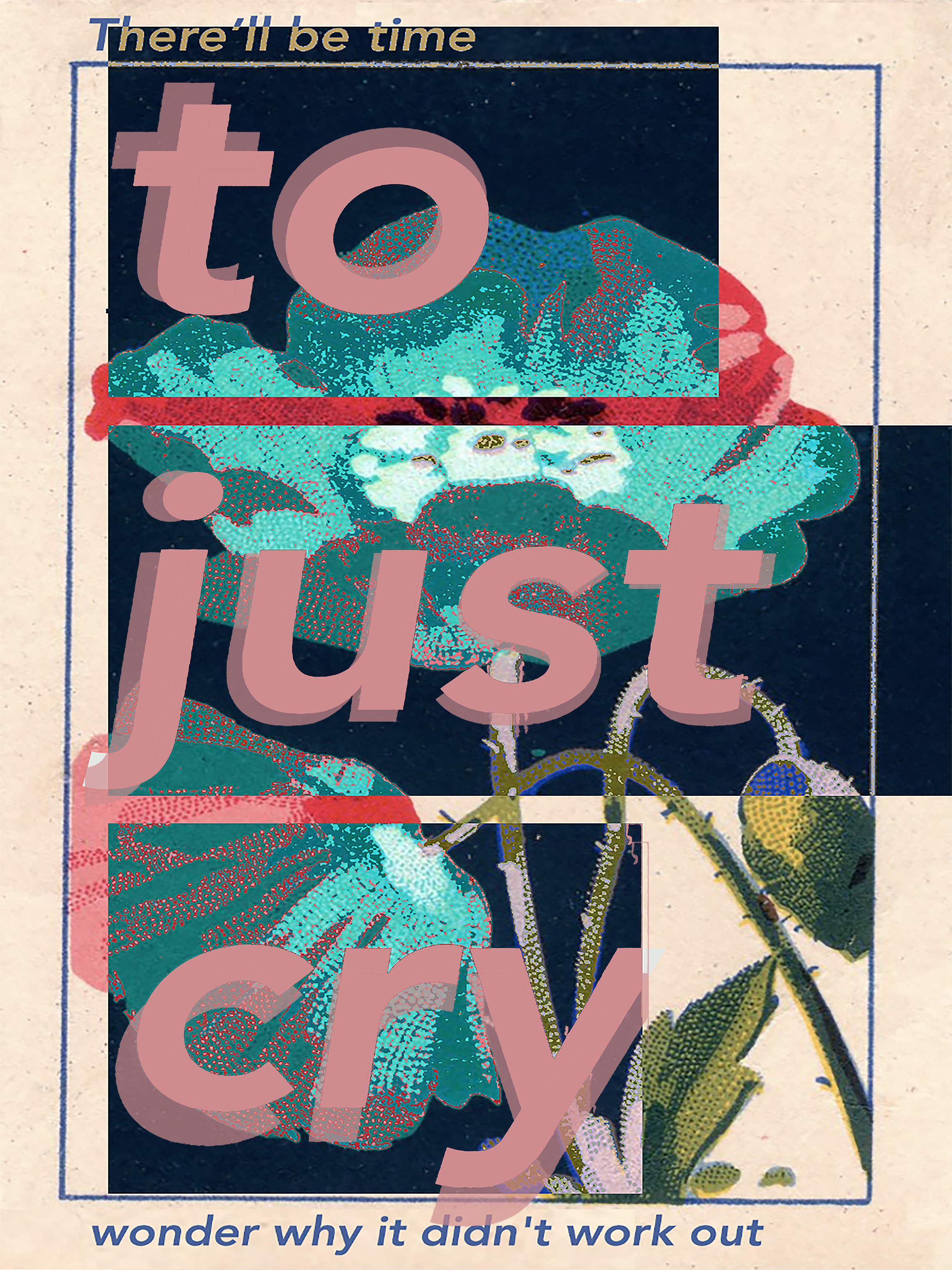 A hauntingly beautiful book-cover style artwork from the 'Broken English' collection by Goldengen Print. This piece features a vintage botanical illustration of a red rose and white blossoms against a deep midnight blue background, overlaid with bold