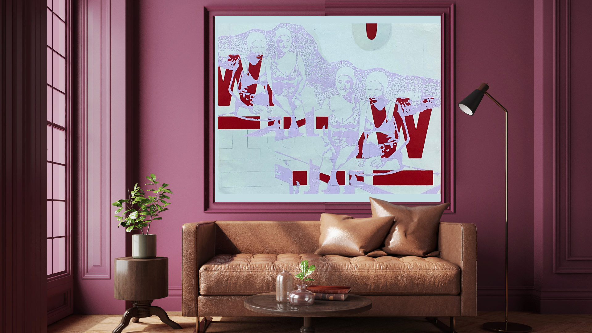 Living room with pink walls, a leather sofa, a side table with a plant, a black floor lamp, and a large abstract artwork on the wall.
