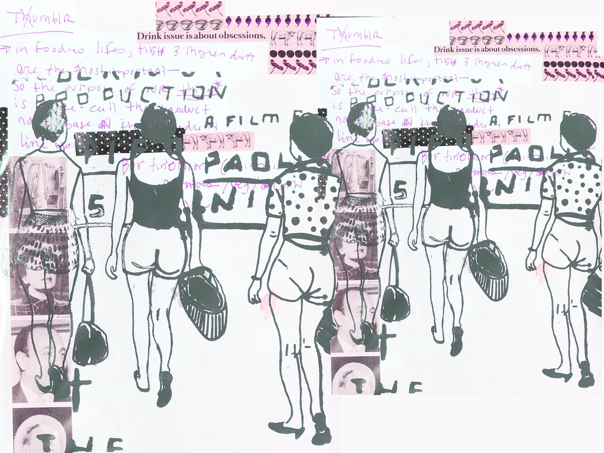 Collage featuring multiple images of people walking, some in casual attire, with some photos showing close-up faces and others showing full bodies, mixed with pink-tinted and black and white graphic designs.