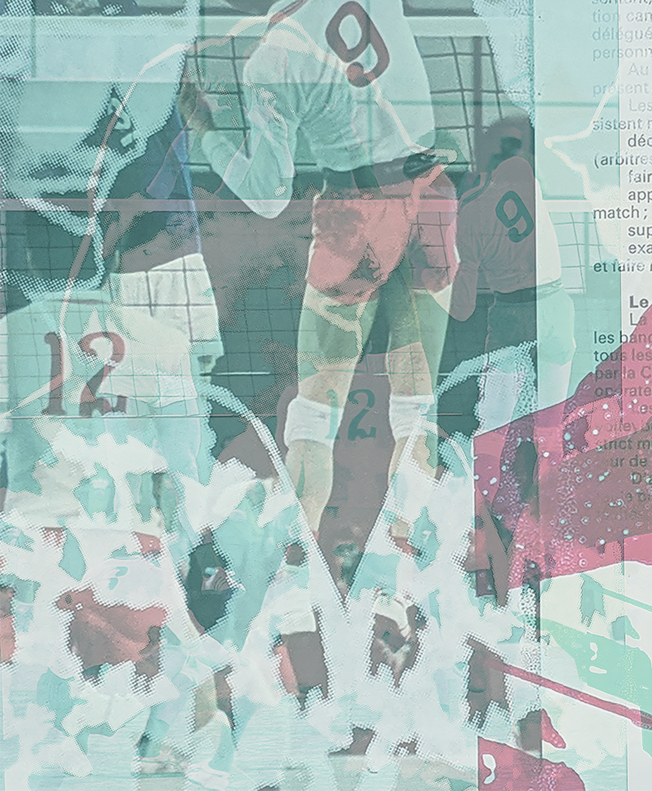 Dynamic sports-inspired mixed media art by Goldengen Print. This piece, titled 'Excel the Body', features layered imagery of athletes and vintage textures in teal and earth tones. A modern take on retro athletic energy, perfect for inspiring movement