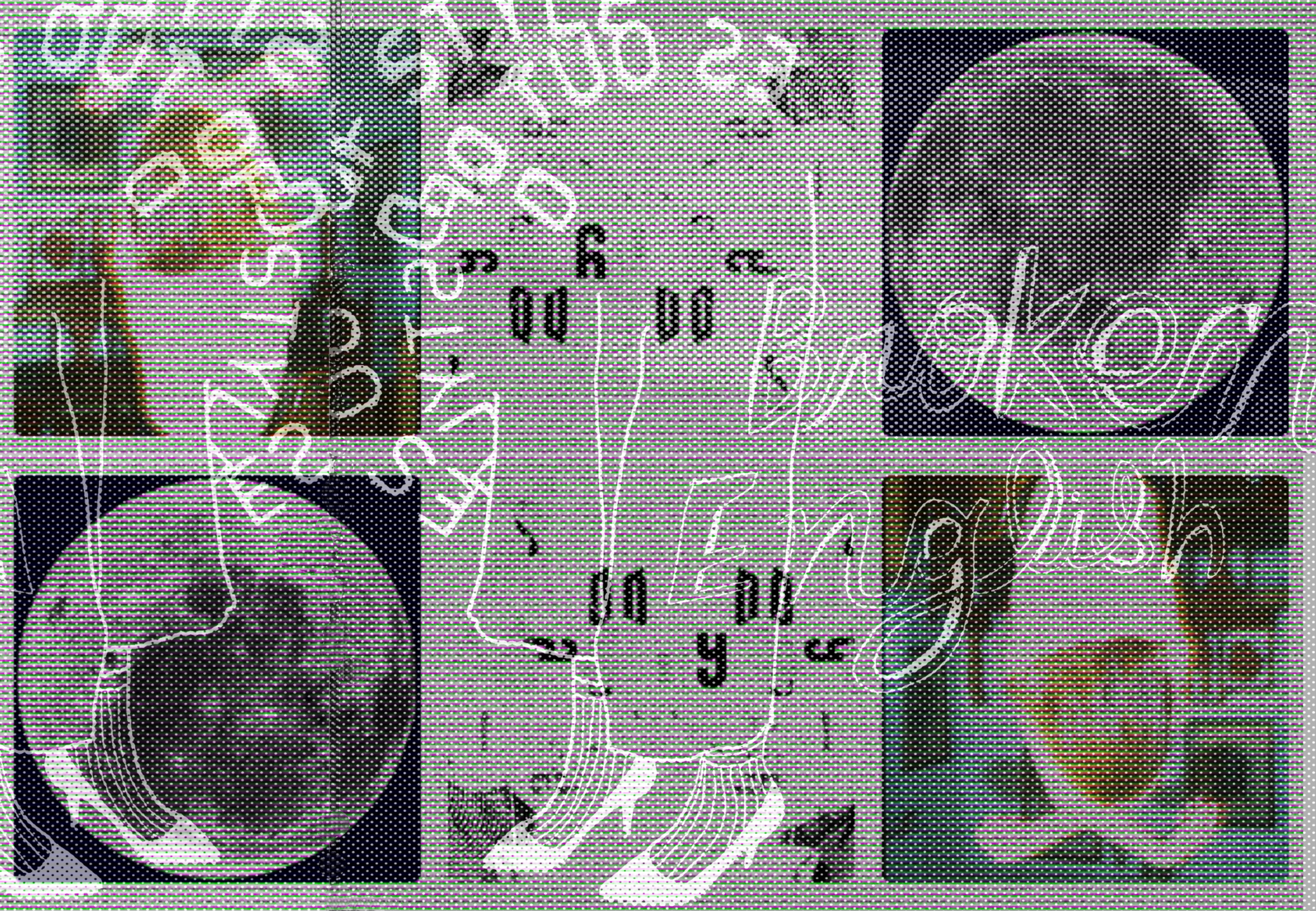 A collage of five black-and-white and color images with various artwork and photographs, including a woman, numbers, and electronic equipment.
