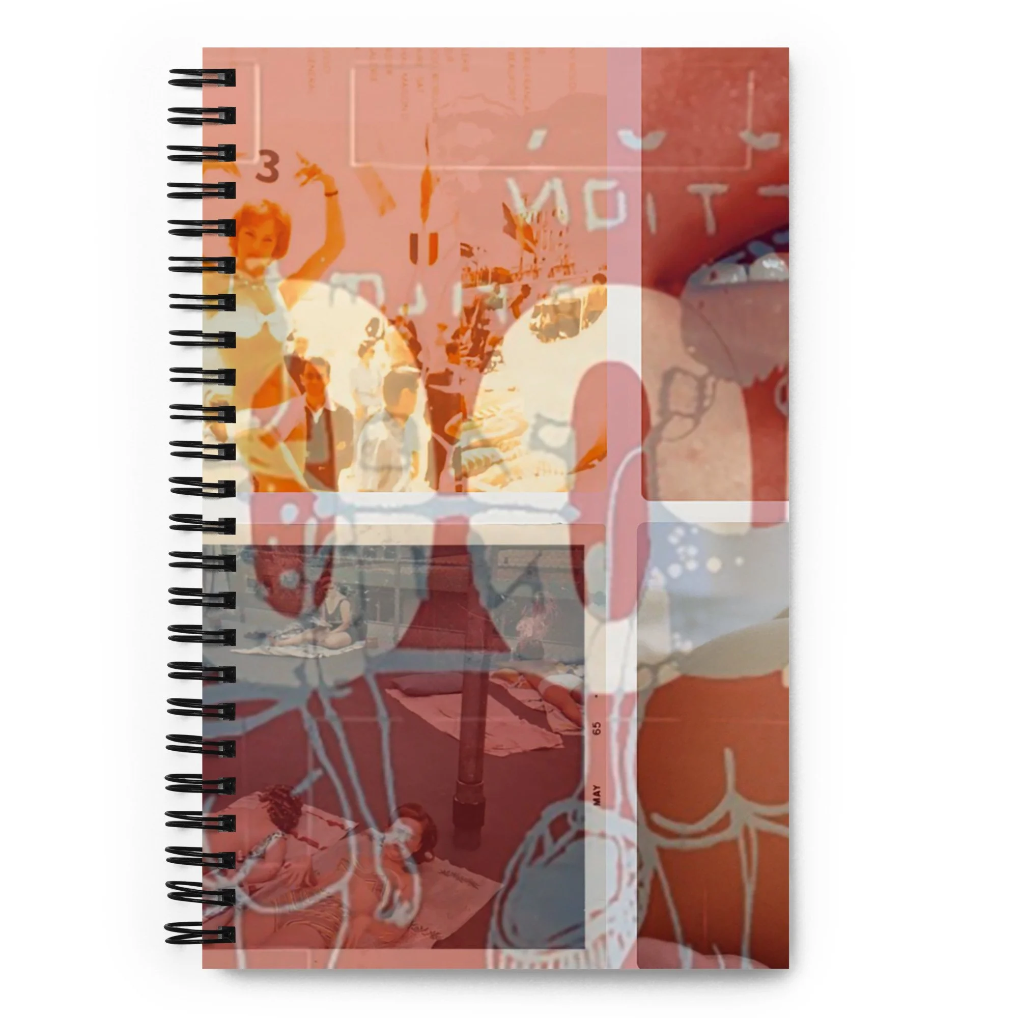 A spiral-bound notebook with an orange overlay featuring a collage of people and various images, including a woman smiling and a man in a suit, with a nature scene in the background.