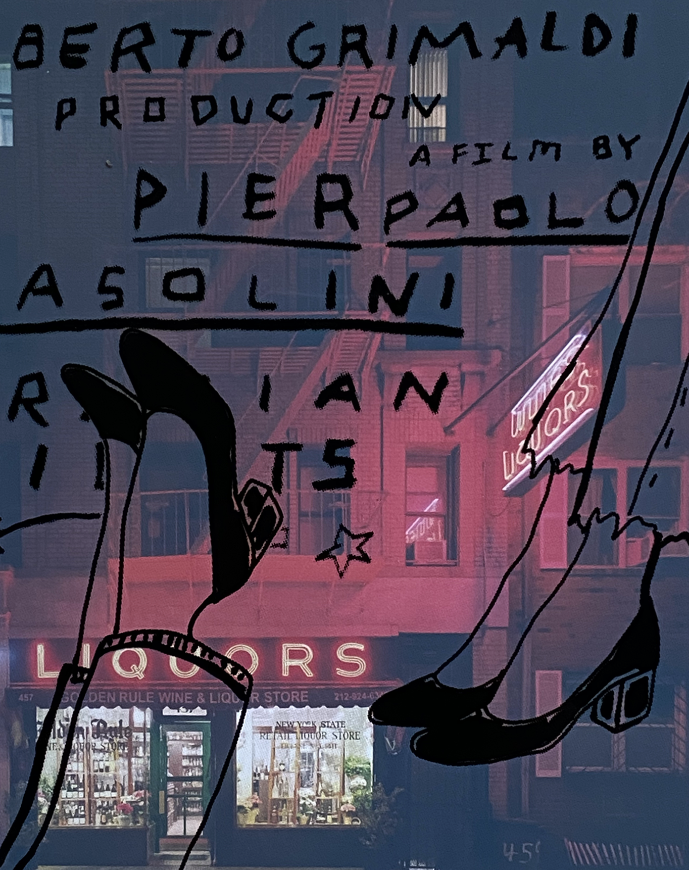 A window with graffiti-style drawings and text overlay, including a hand, a high heel shoe, and stars, with a city street scene visible in the background at night. The street features neon signs and a liquor store.