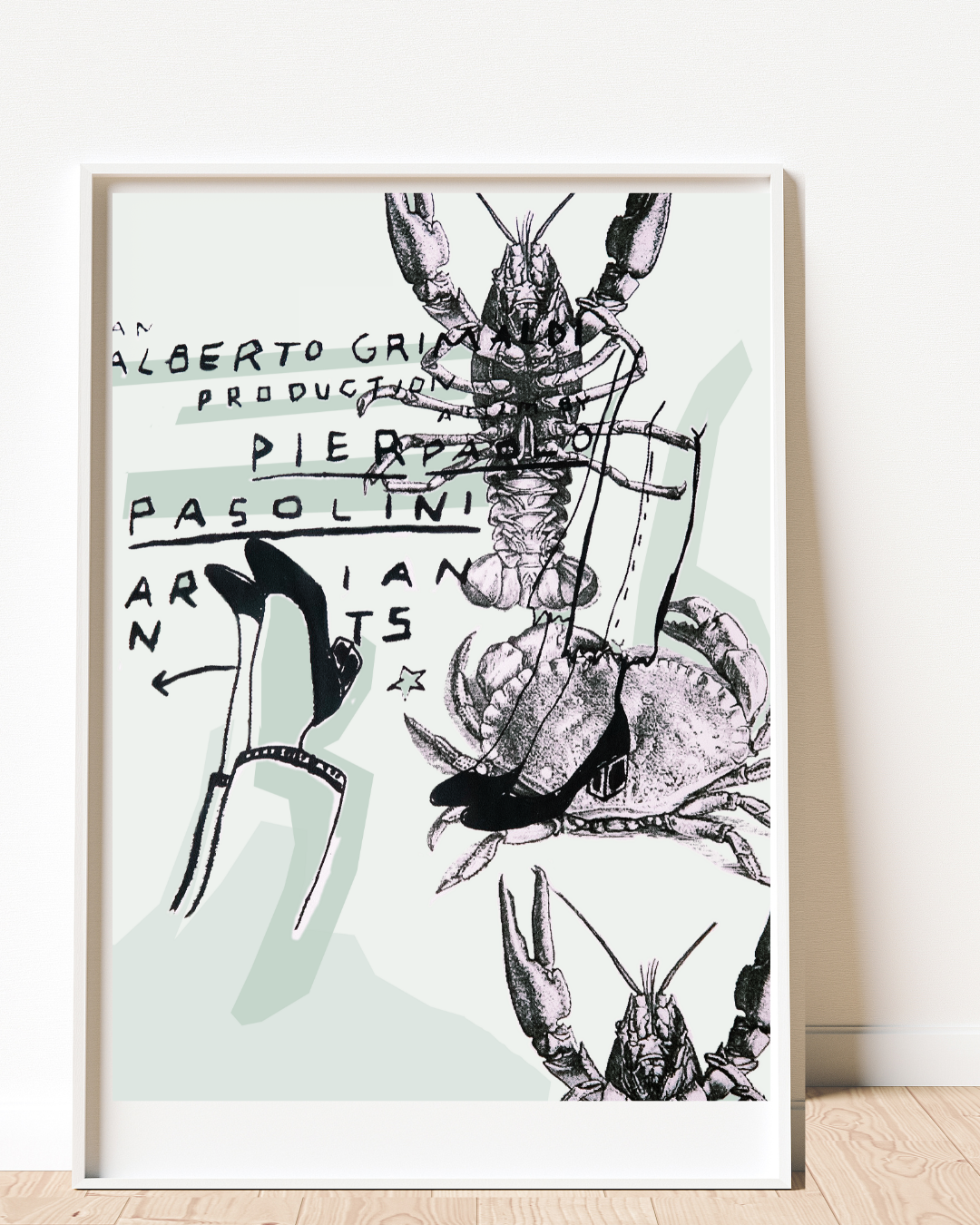 Mixed media collage featuring sketches of lobsters, crayfish, and a crab with handwritten text and arrows on a pale background.