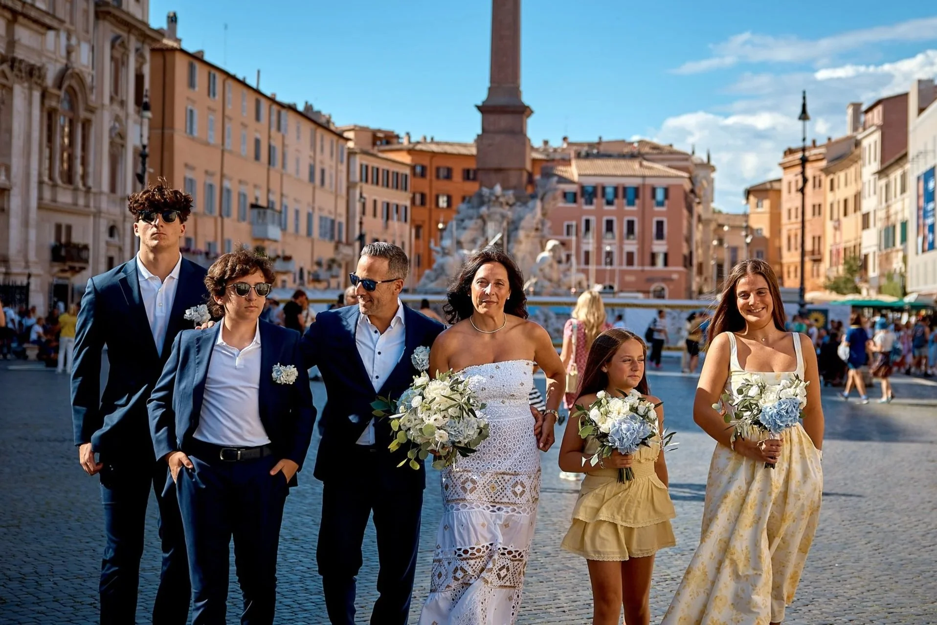 Wedding party celebrating in Piazza Navona, Rome elopement — Rome Luxury Elopements