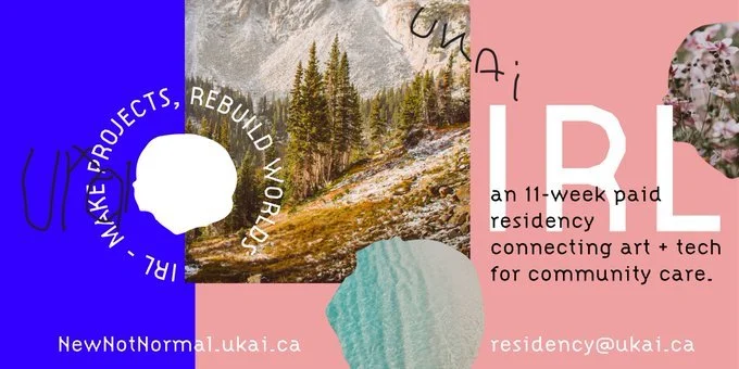 Design for an 11-week paid residency program combining art and tech for community care, featuring hills and trees in nature, colorful abstract shapes, and text with program details.