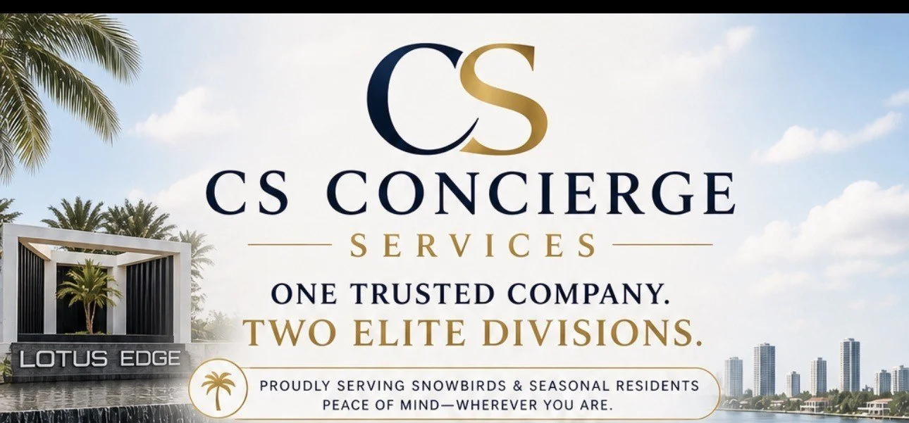 Advertisement for CS Concierge Services featuring the Lotus Edge development with a modern building and palm trees, indicating luxury real estate in a tropical location.