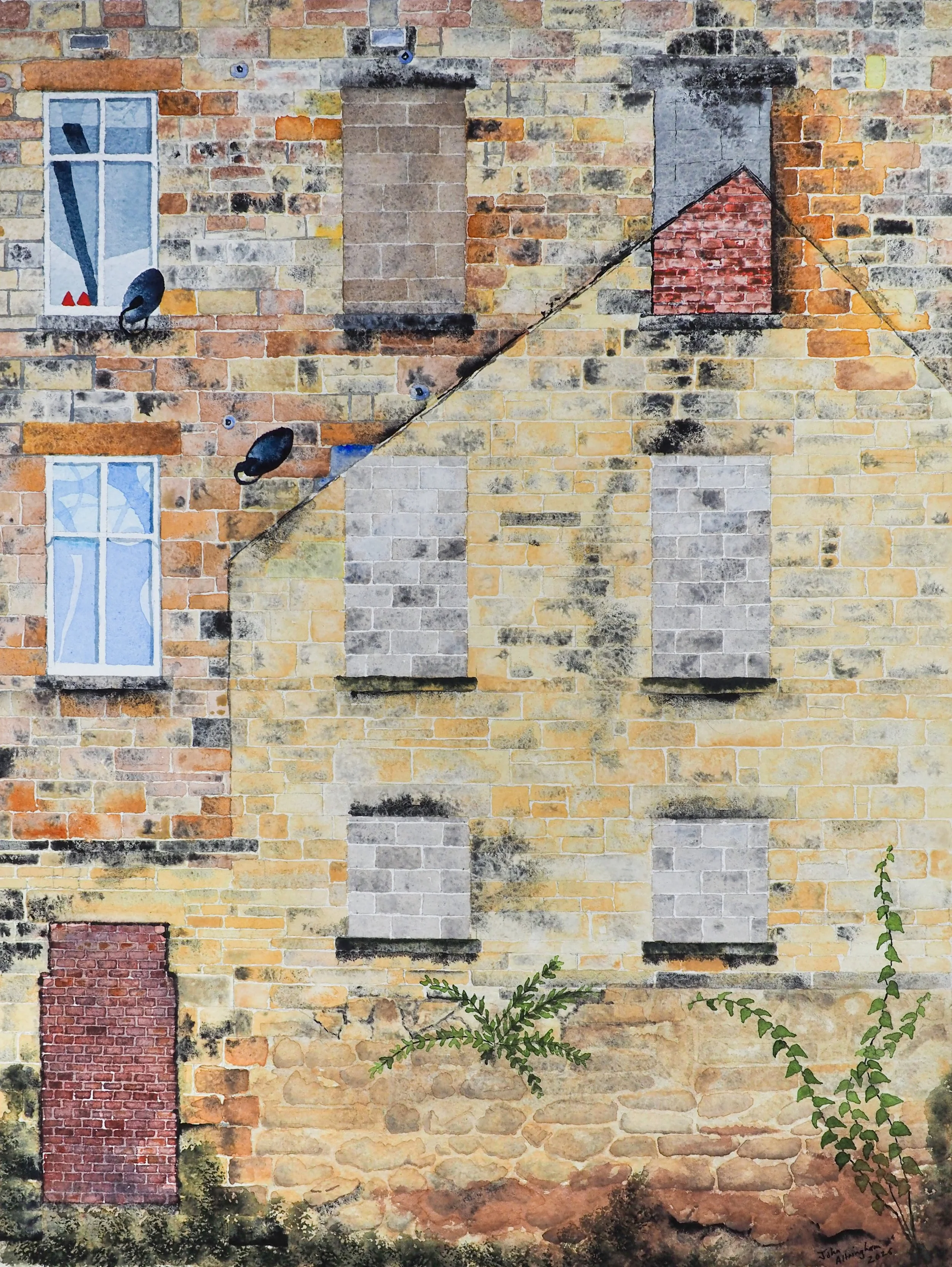 a building with windows with glass in them, others bricked up, remnants of old gable