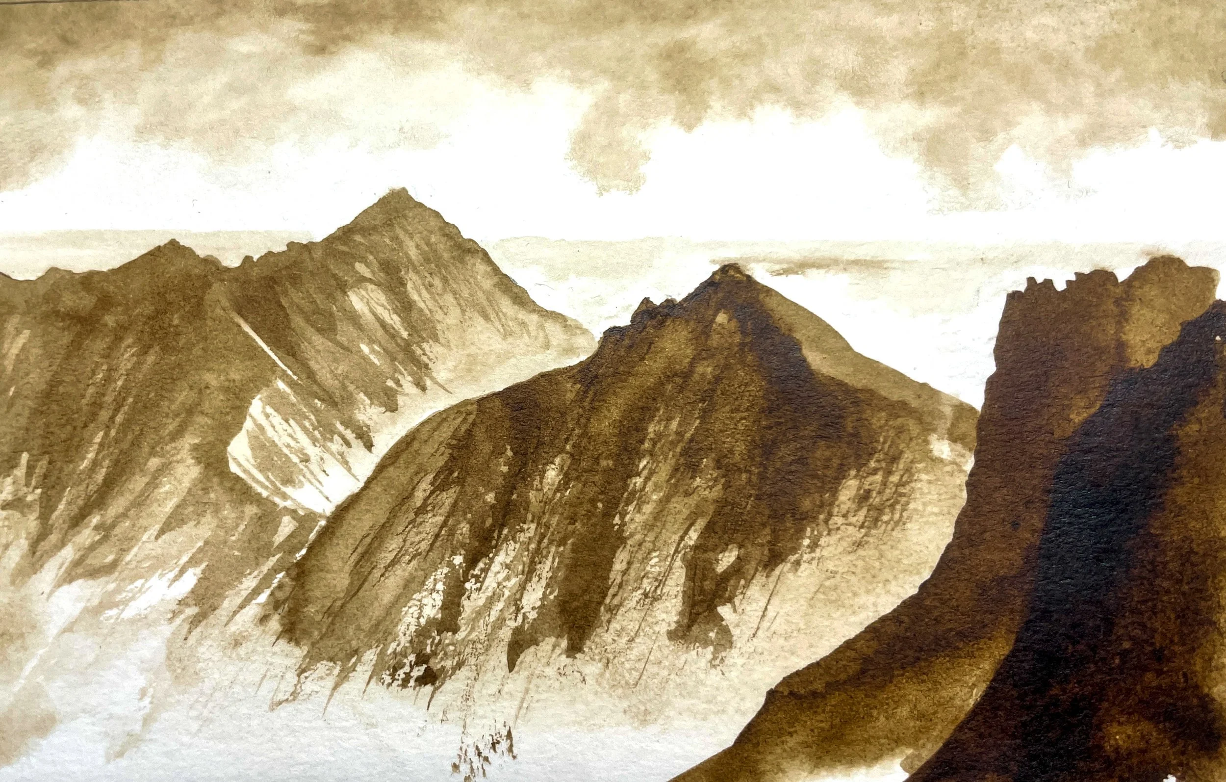 brown ink sketch mountains with rocky connected ridges