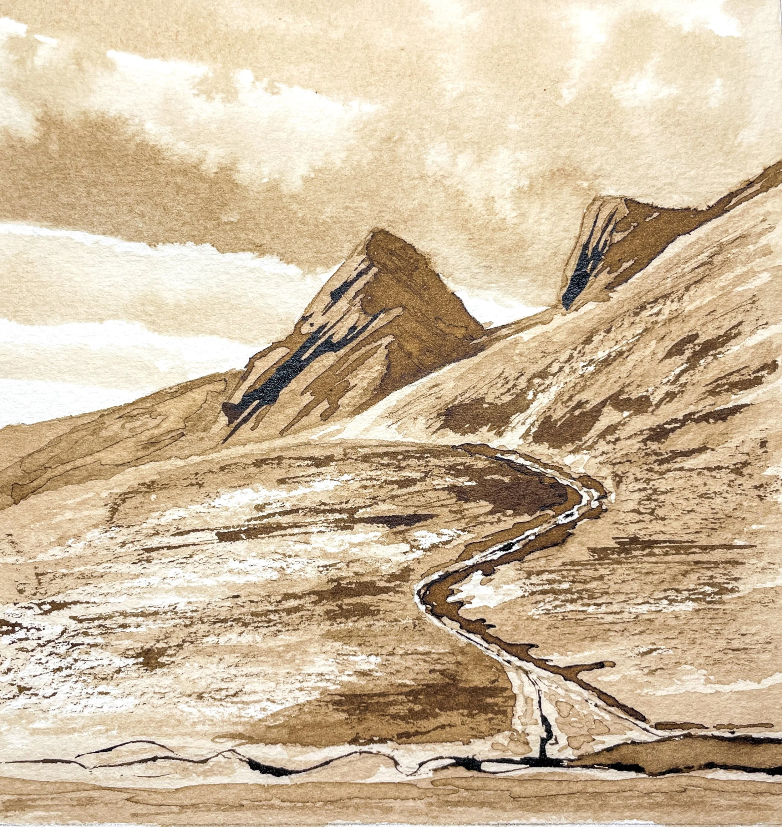 brown ink sketch mountain with two rocky pinnacles
