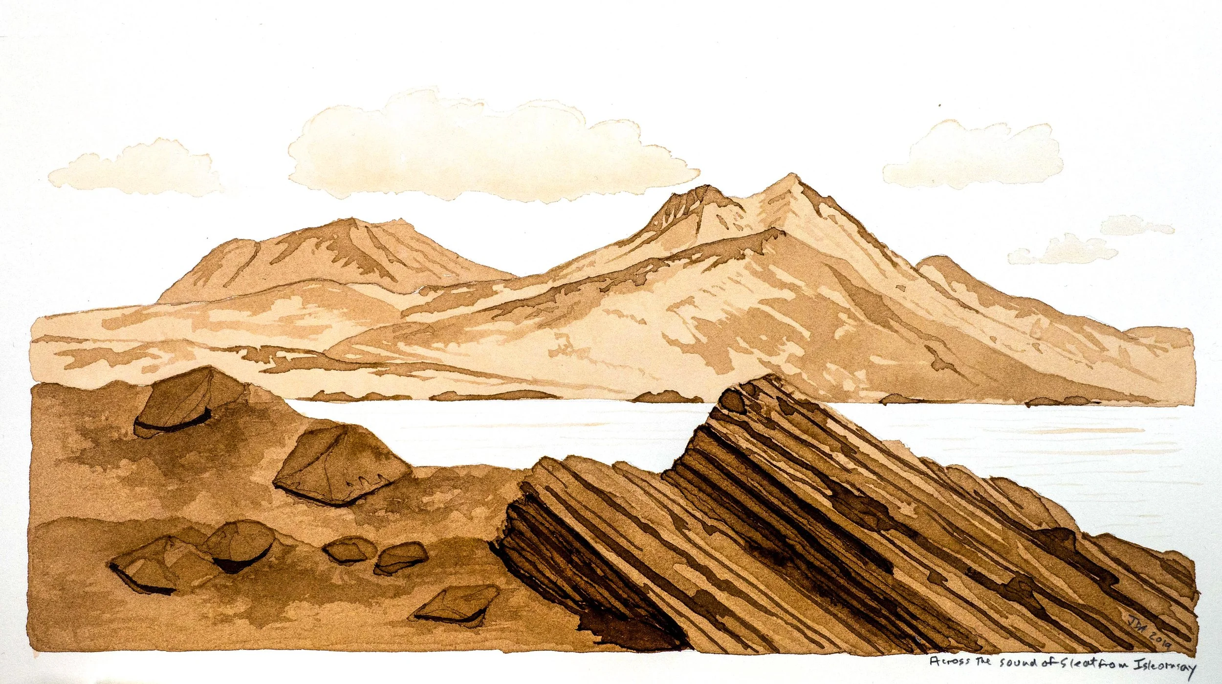 brown ink sketch of mountains seen across the sea from a rocky shore