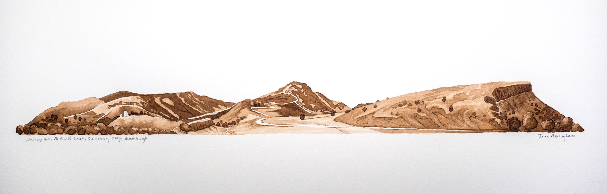 panoramic brown ink sketch of hills