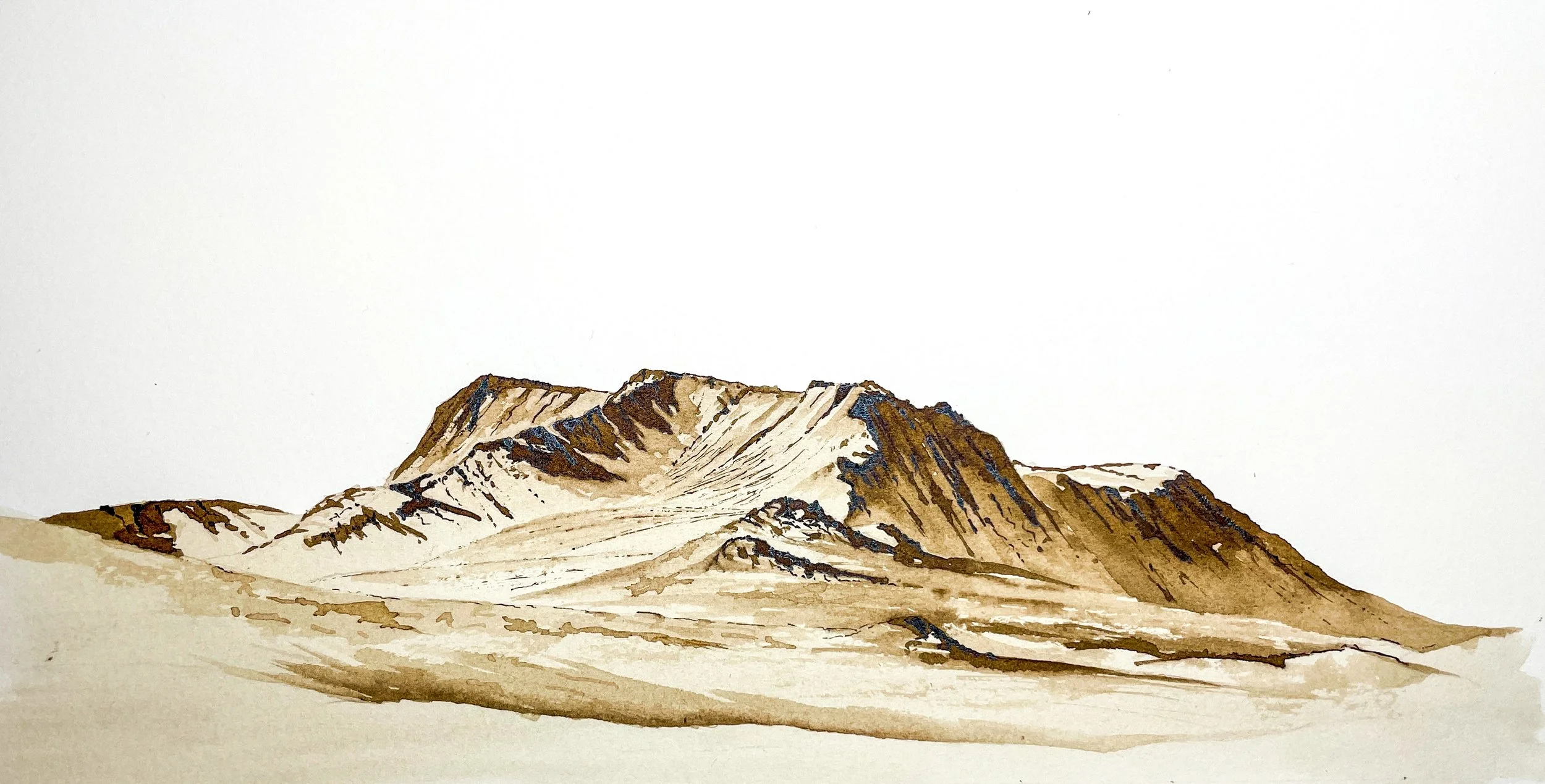 brown ink sketch mountain with rocky ridges