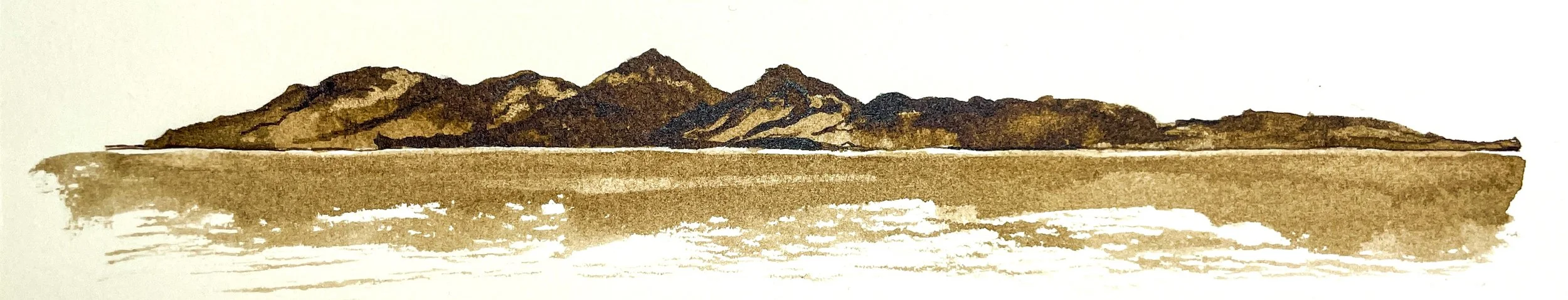 brown ink sketch of mountainous island