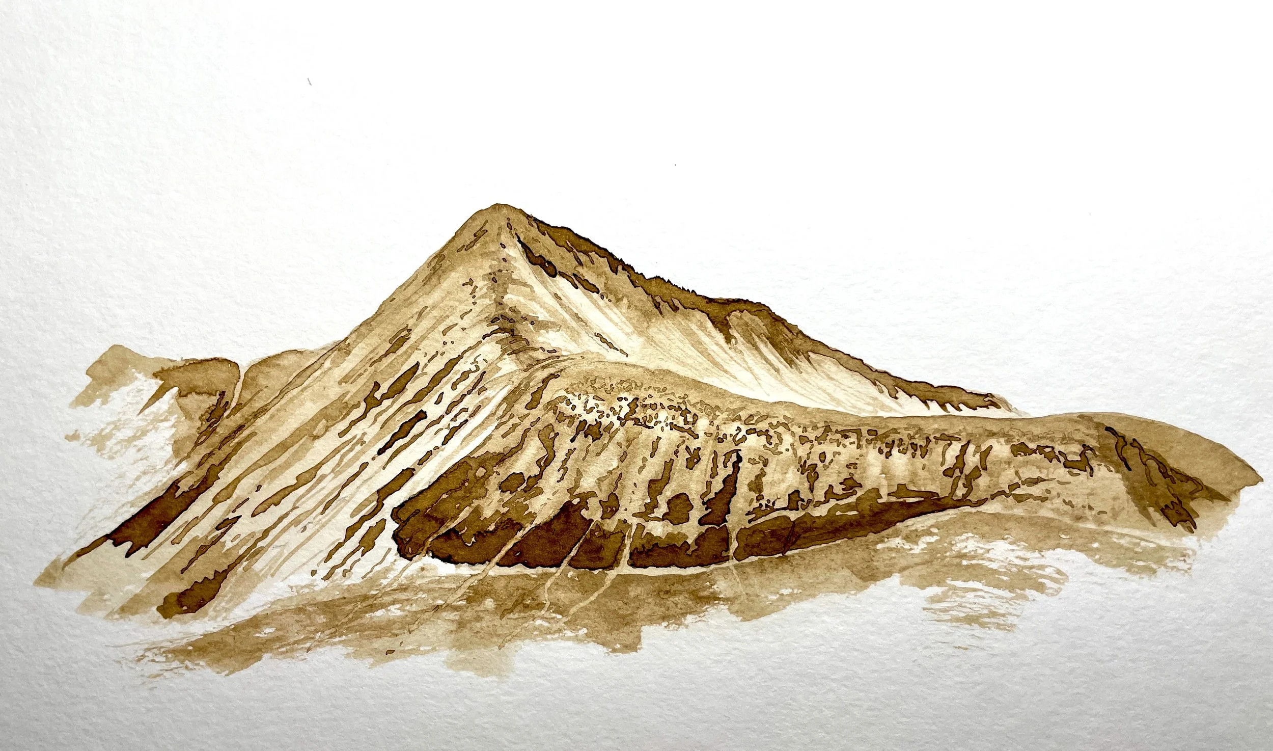 brown ink sketch of mountain with distinctive screes