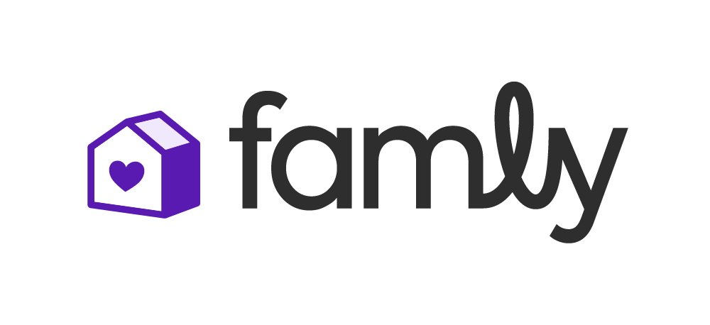 Logo with a purple house shape containing a heart and the word "family" in black text.