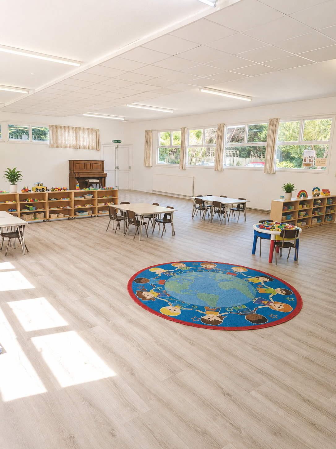 Empty preschool classroom with tables, chairs, shelves full of toys, and a colorful round rug with children’s faces and a globe in the center.