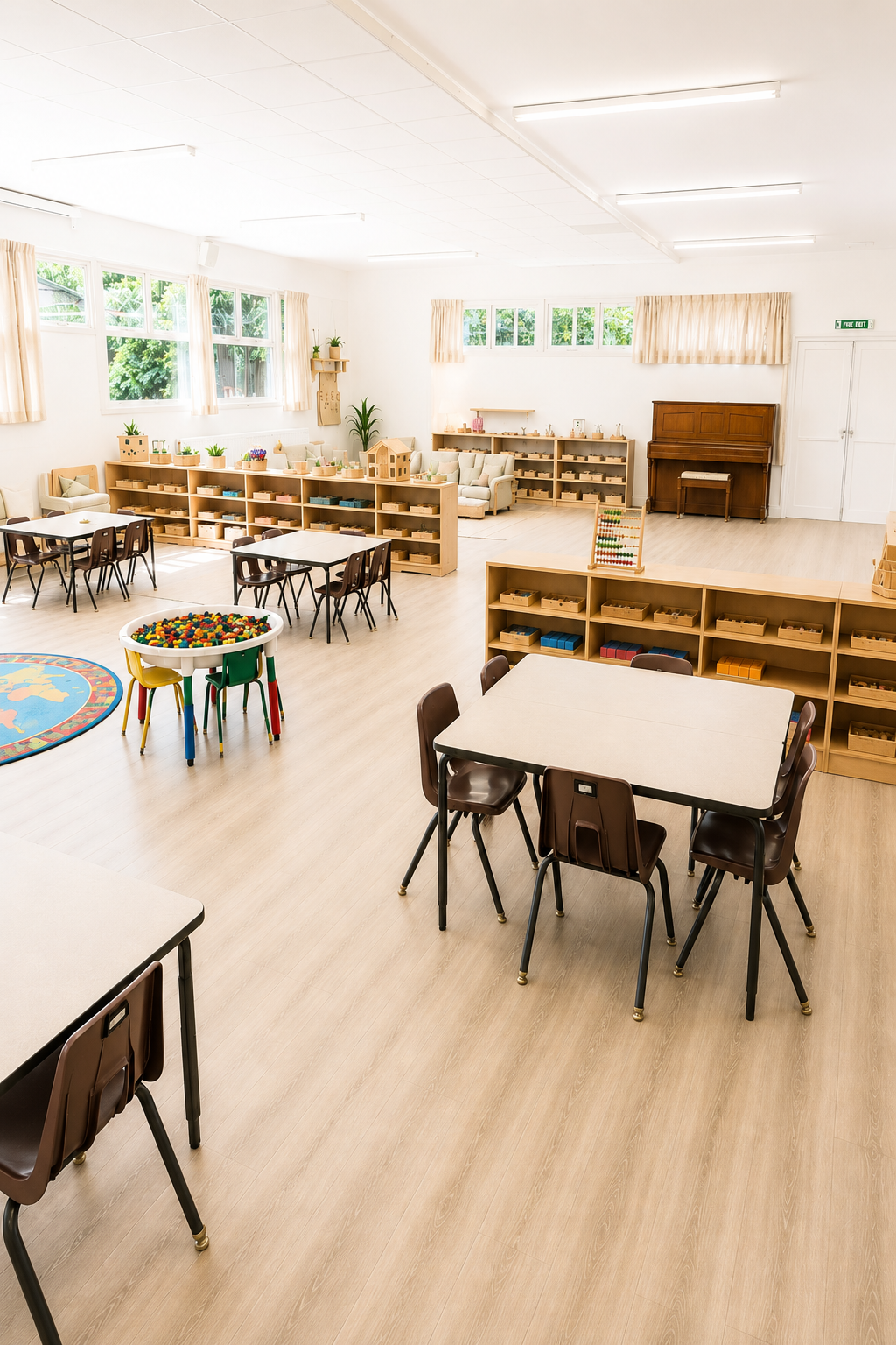 Bright and spacious classroom with wooden tables and chairs, shelves filled with educational toys and materials, a colorful rug, and large windows with curtains letting in natural light.