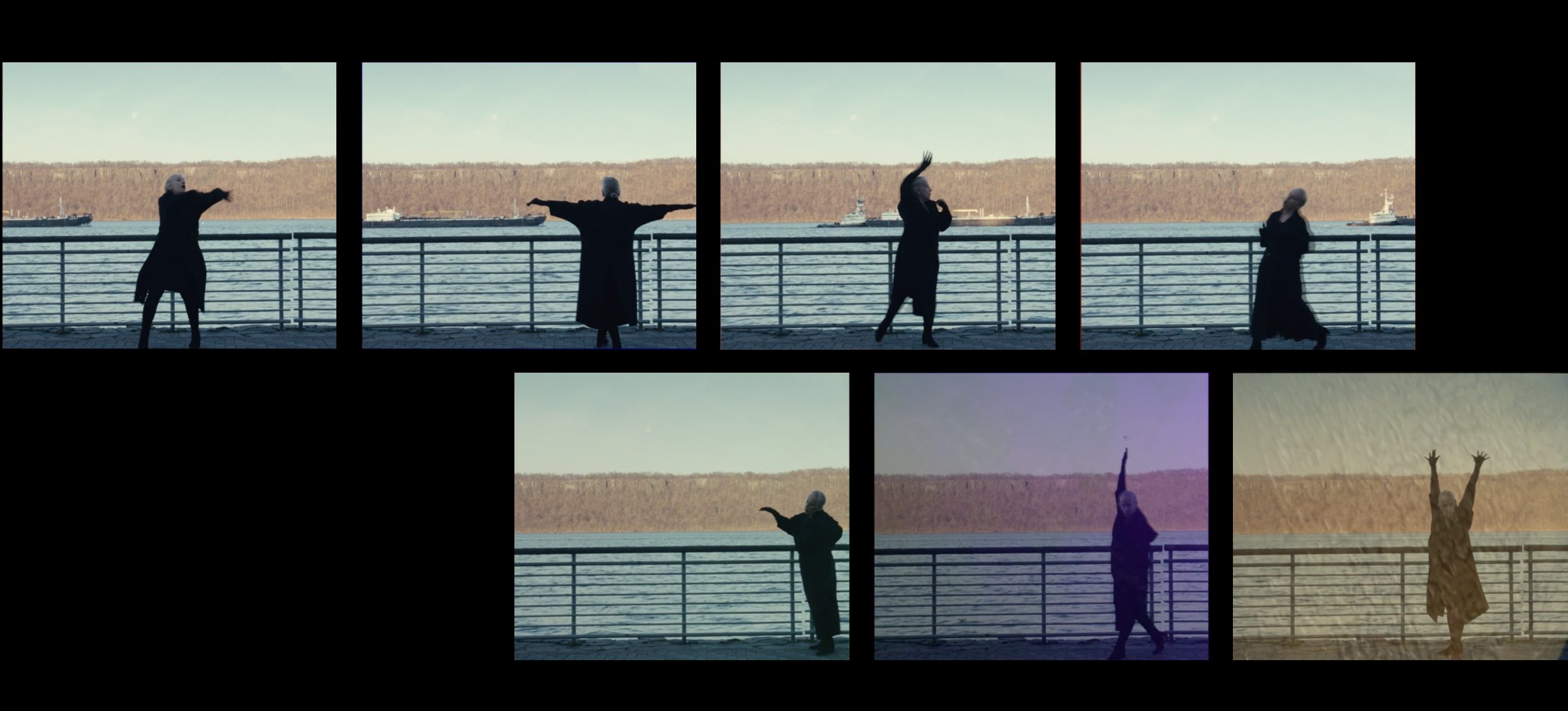 Sequence of stills of images from a film of a woman in a black dress, with the Hudson River and Palisades behind. She is inhabiting different energies of the imagination as reflected in the river.