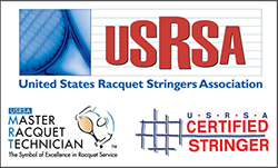 Logo of the United States Racquet Stringers Association with text indicating certification in master racquet technician and stringing.
