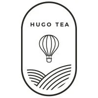 Hugo Tea Company logo with hot air balloon and stylized landscape design in black and white