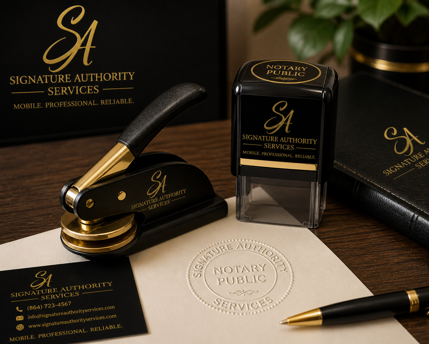 Office desk with branding materials for Signature Authority Services, including a stamp, a pen, a notary stamp, paper with embossed seal, business cards, and folders all featuring black and gold design elements.