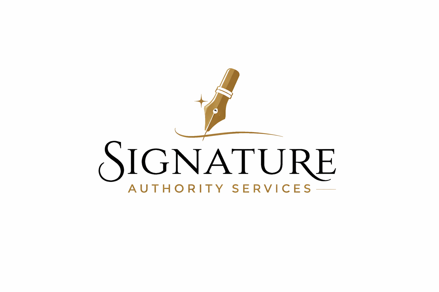 Logo for Signature Authority Services featuring a gold fountain pen nib with a sparkle, with the brand name 'SIGNATURE' in large black letters and 'AUTHORITY SERVICES' in smaller gold letters beneath.