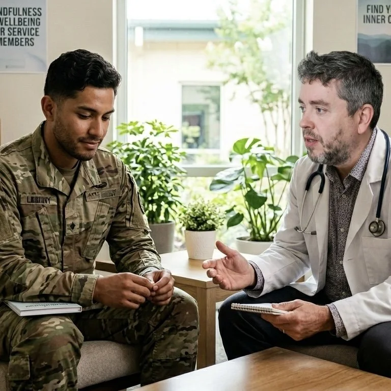 Paciente militar em consulta com um médico, conversando em um ambiente com plantas e janelas ao fundo.