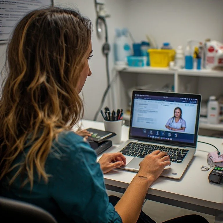 Mulher assistindo uma aula ou reunião em um laptop, com uma sala de exames médicos ao fundo.