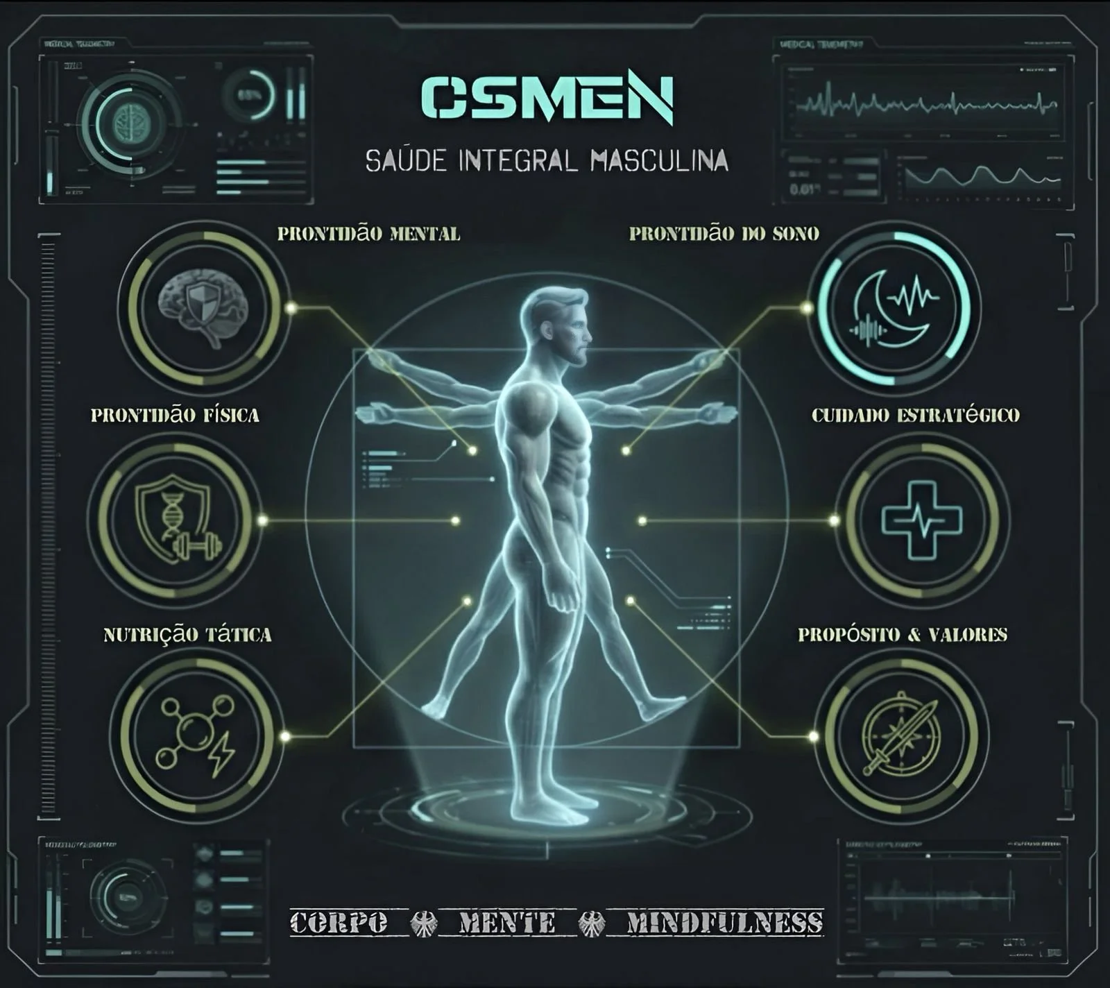 Imagem futurista de um corpo humano centralizado, rodeado por ícones que representam saúde mental, física, tática, sono, nutrição, propósito, valores e mindfulness, com o texto 'CSMEN Saúde Integral Masculina' e conceitos relacionados ao bem-estar.»