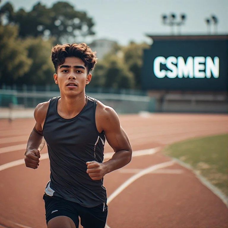 Adolescente correndo em uma pista de corrida, com um letreiro iluminado no plano de fundo com a marca CSMEN. Ele aparenta ser latino, ao redor de 18 anos, veste camiseta regata cinza escuro e shorts preto