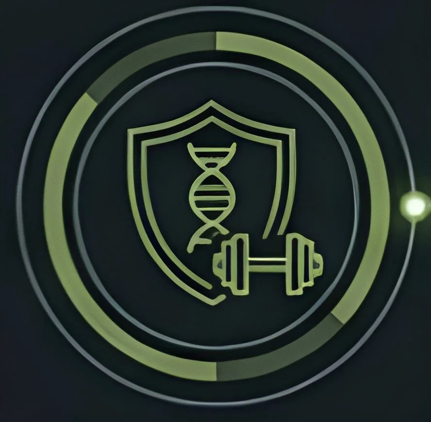 Ícone de escudo com DNA e haltere, representando saúde, fitness e biotecnologia.