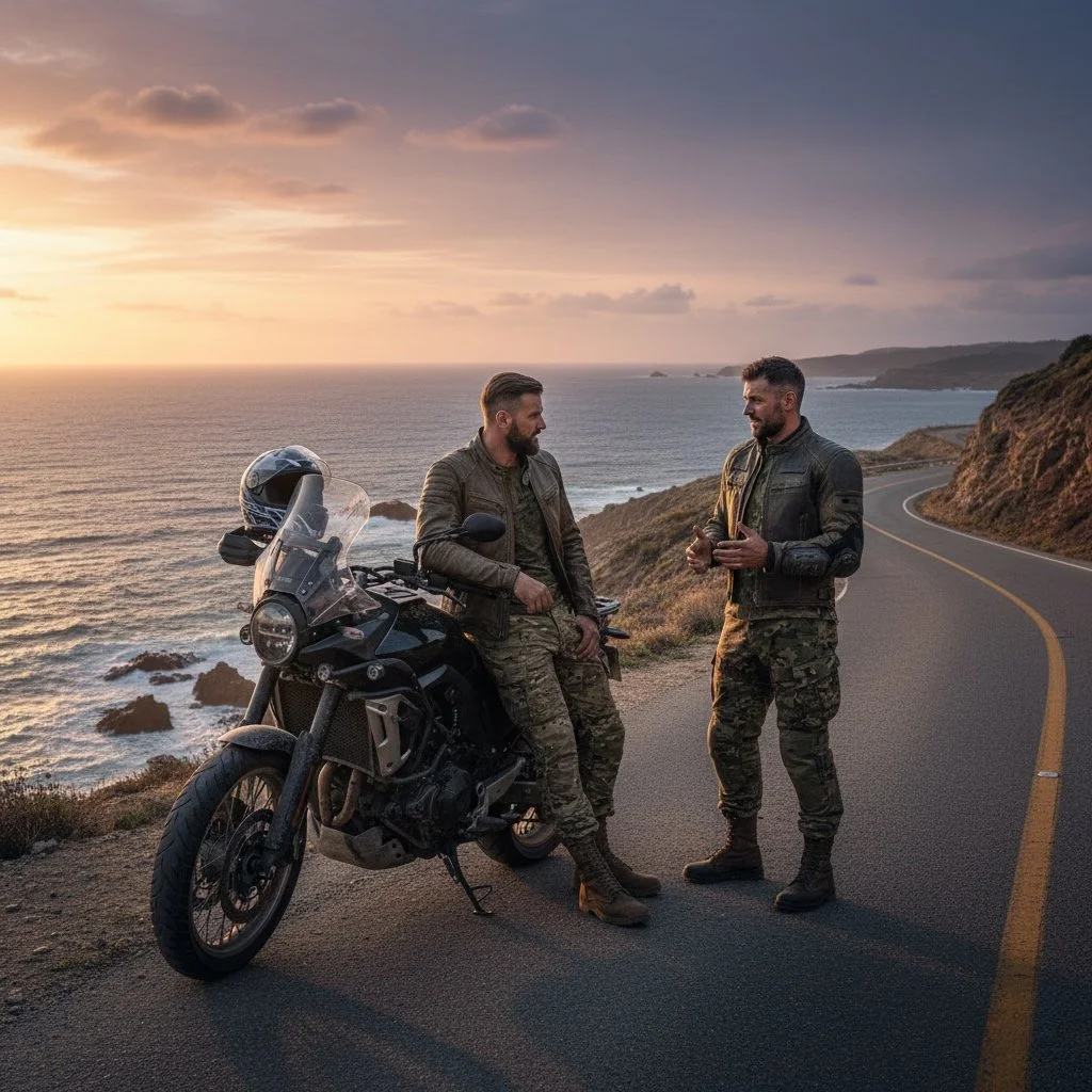 Dois motociclistas conversam à beira de um penhasco no litoral