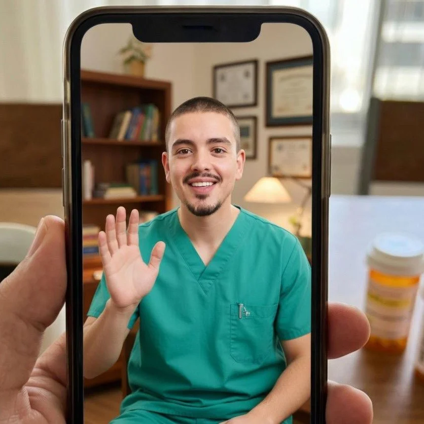 Médico jovem acena para o paciente através da tela do celular em uma consulta online