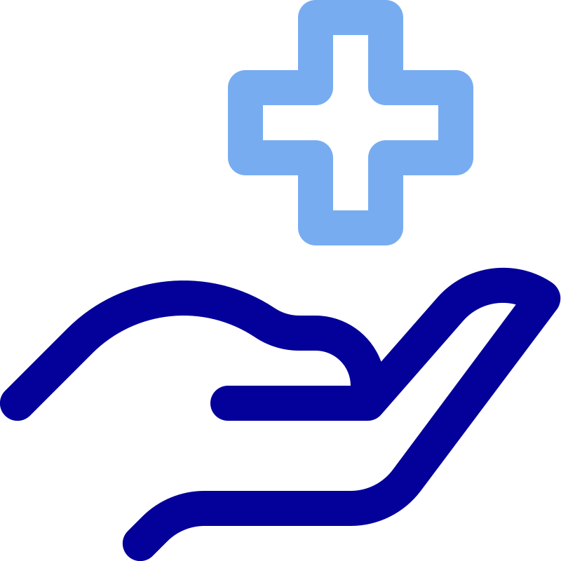 Ícone de uma mão segurando uma cruz de ajuda ou assistência médica.