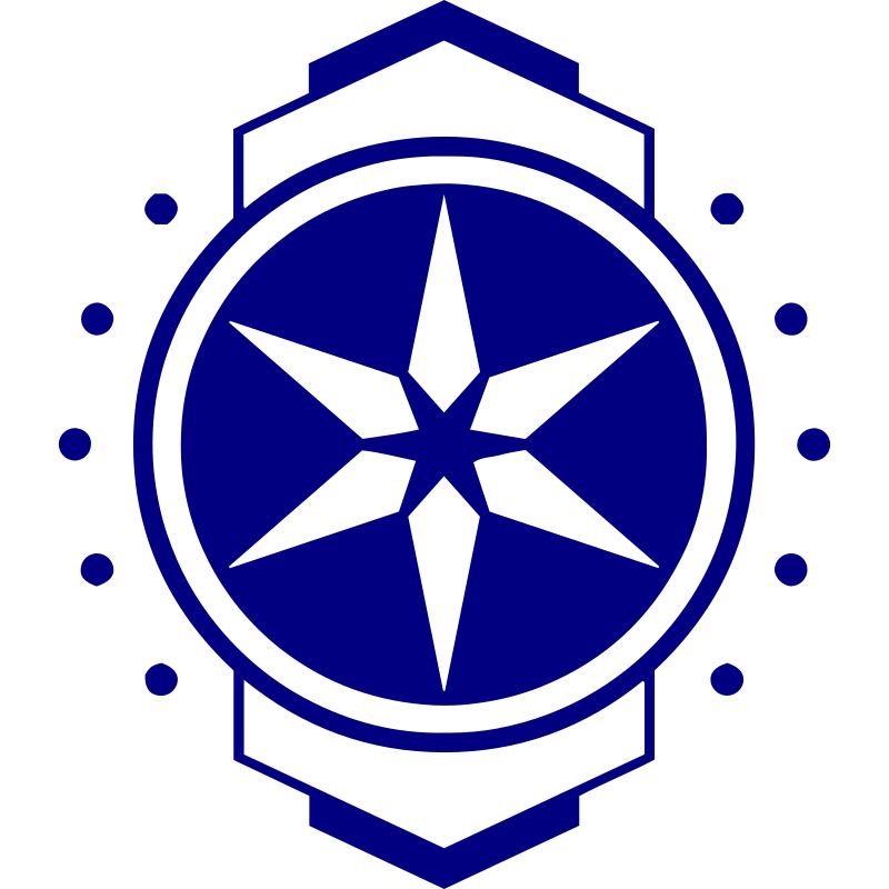 Relógio com uma bússola estilizada no centro, usando cores azul escuro e preto, com detalhes decorativos ao redor.