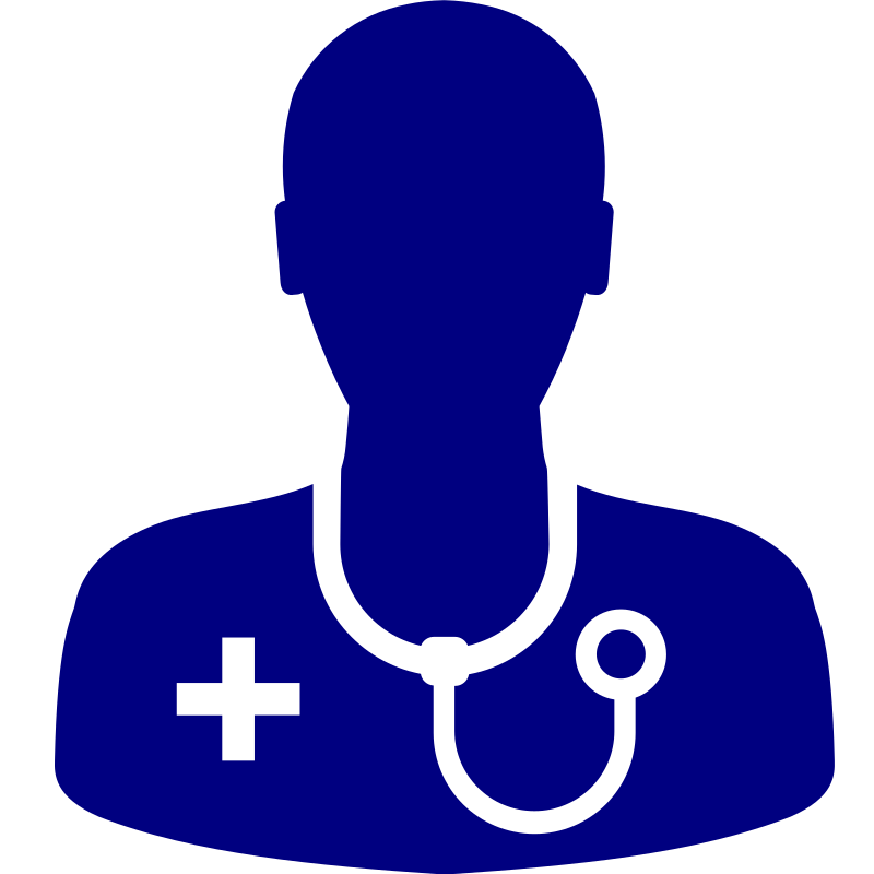 Ícone de um profissional de saúde, figura de alguém com estetoscópio e símbolo de cruz médica.
