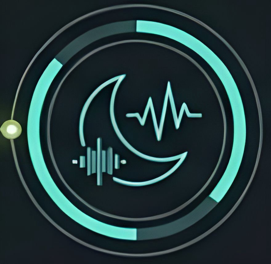 Ilustração de um monitor de sinais com elementos como lua, linha de batidas de coração, ondas de som e círculos de luz.